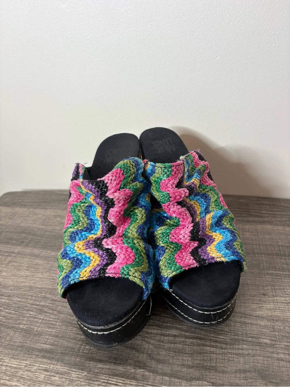 MUK LUKS Peyton Glitter Cork Platform Wedge Slip-on Peep-toe Sandal Stretch Y2K